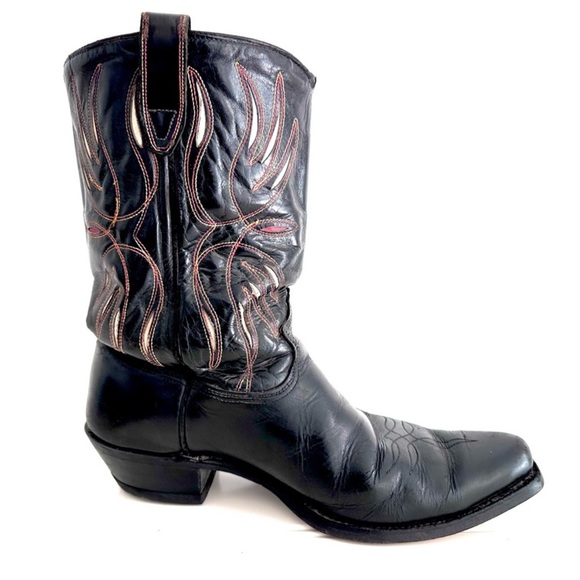 Vintage Cowboy Boots Black Embroidered Genuine Leather - Picture 3 of 5